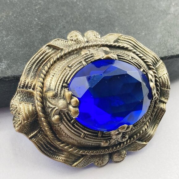 ANTIQUE Cobalt blue glass and aged silver tone metal brooch ~ Big Edwardian pin - Picture 4 of 10